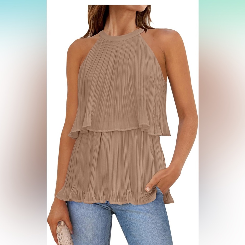 Halter Tank Tops Sleeveless Ruffle Tiered Layered Chiffon Flowy Blouse Shirts